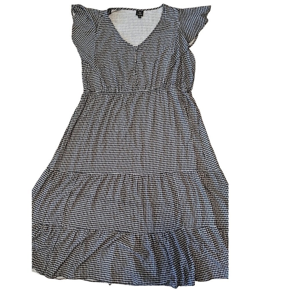 Oak & Trellis Women 4X Gingham Maxi Dress Black White Flutter Sleeve Tiered